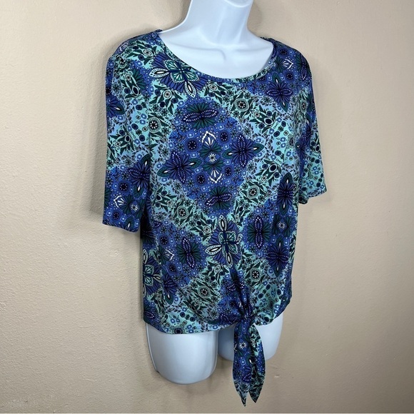 Small East 5th Blue Paisley Boho Short Sleeve Stretch Top Twist Tie Accent - Picture 3 of 7
